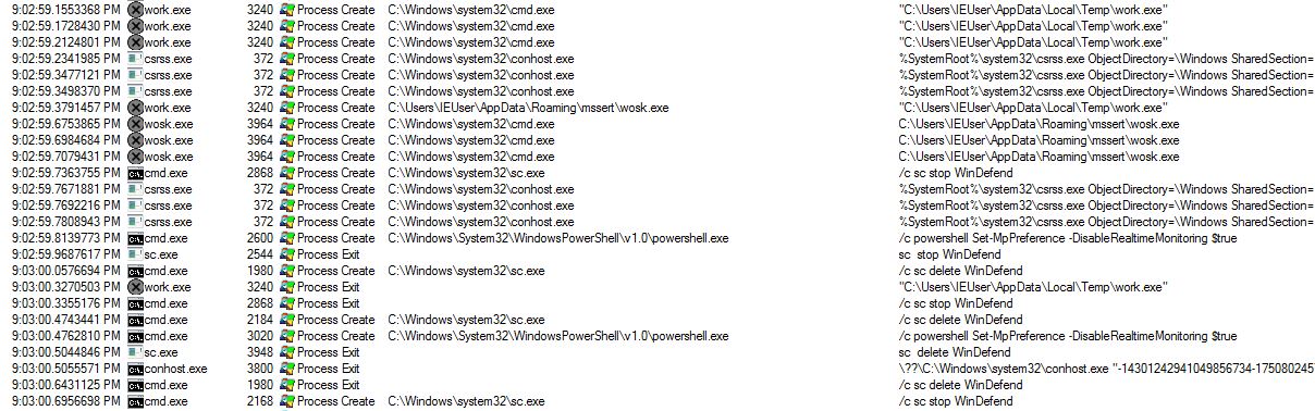 ProcMon showing nasty process trying to stop Windows Defender